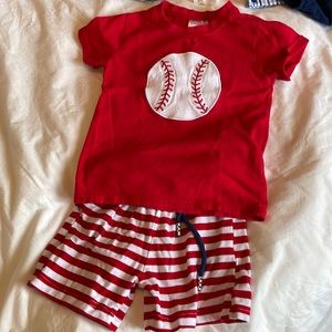 Red appliqué baseball T-shirt with red/white stripe shorts